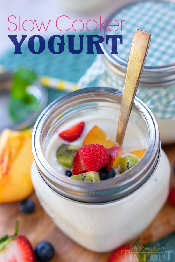 Have you ever tried making yogurt at home? It's really easy to do and you don't need a fancy yogurt machine either. All you need is a slow cooker! Let me show you How To Make Yogurt In A Slow Cooker! | MomOnTiemeout.com | #recipe #dairy #ad