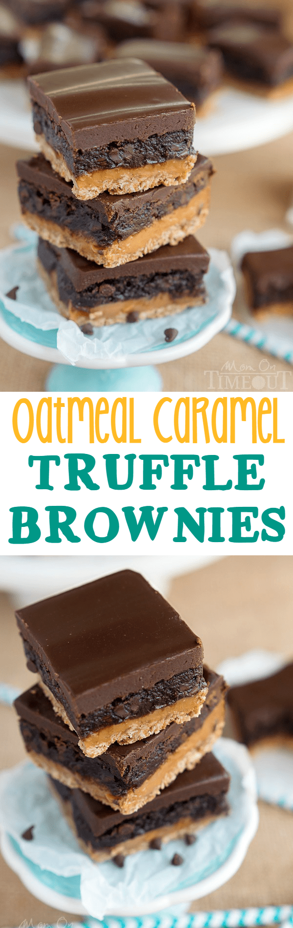 Four layers of intense flavor will have you craving these Oatmeal Caramel Truffle Brownies day and night! An oatmeal cookie crust topped with rich caramel, fudgy brownie and ganache frosting. Welcome to paradise. | MomOnTimeout.com | #IDelightIn10 #recipe 