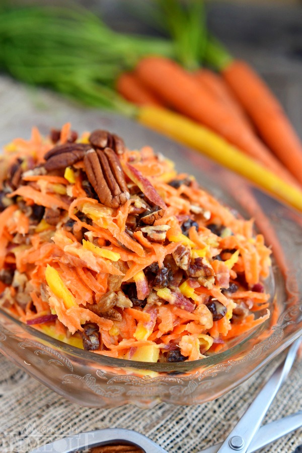 This easy 5 Minute Rainbow Carrot Pecan Salad is a breeze to prepare and is the perfect addition to any meal! Perfectly sweet and refreshing, this easy salad recipe is one we enjoy all summer long! | MomOnTimeout.com