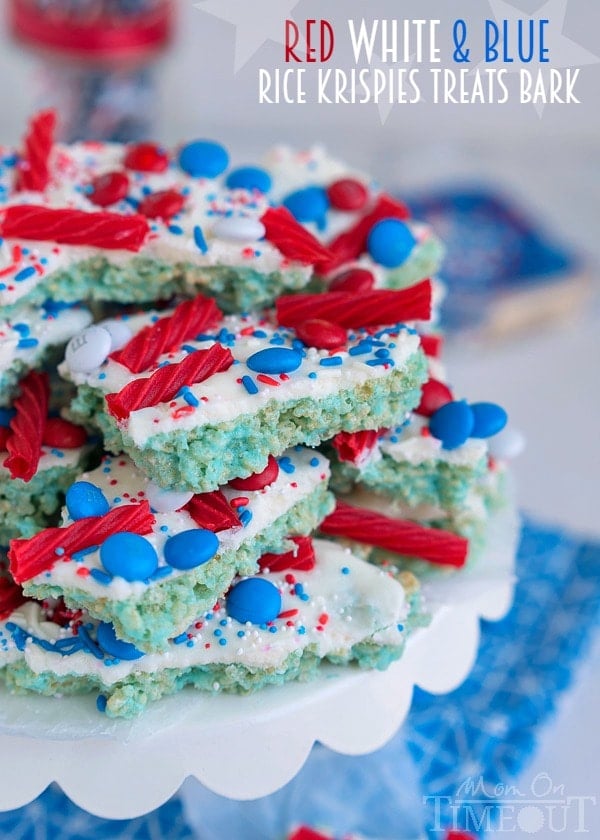 These sweet treats are sure to satisfy everyone! Colorful and festive, this Red White and Blue Rice Krispies Treats Bark is the perfect no-bake treat to celebrate with! | MomOnTimeout.com | #4thofjuly #laborday #memorialday