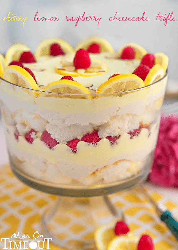 This Skinny Lemon Raspberry Cheesecake Trifle takes just 10 minutes to prepare and tastes like summer! The perfect easy dessert recipe for any occasion! | MomOnTimeout.com