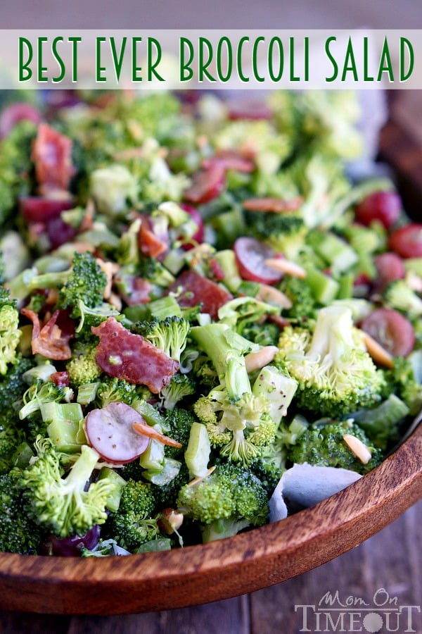 broccoli salad with grapes and bacon in serving dish