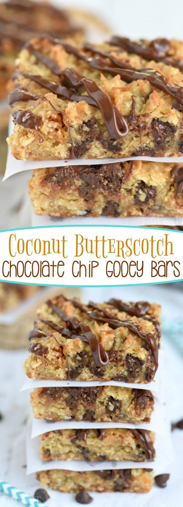 These Coconut Butterscotch Chocolate Chip Gooey Bars are sure to be a hit! So much flavor in one bite! Perfect for potlucks, picnics, road trips and more! // Mom On Timeout