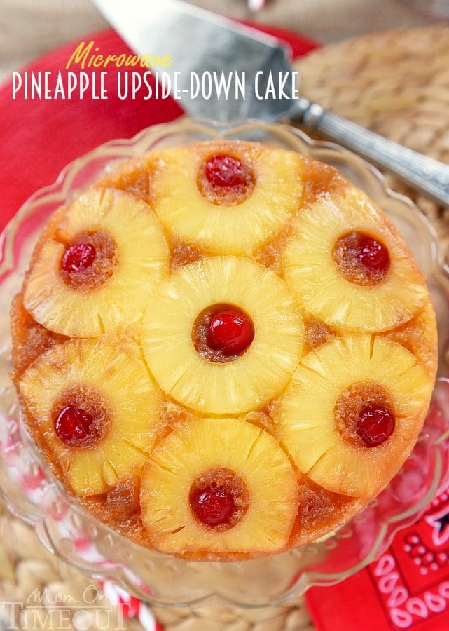 Stay cool this summer with this Microwave Pineapple Upside Down Cake! In just 10 minutes, you and your family can be enjoying this gorgeous cake - straight from your microwave! The PERFECT easy dessert recipe! | MomOnTimeout.com