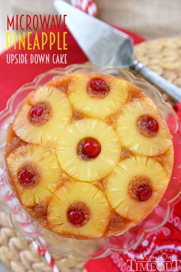 Stay cool this summer with this Microwave Pineapple Upside Down Cake! In just 10 minutes, you and your family can be enjoying this gorgeous cake - straight from your microwave! The PERFECT easy dessert recipe! | MomOnTimeout.com