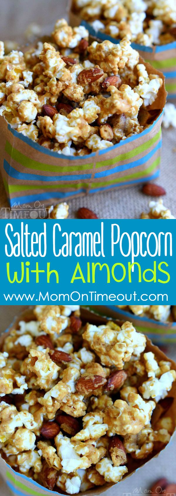 Welcome to your new favorite snack - Salted Caramel Popcorn with Almonds! Perfect for parties, road trips, family movie night and more! | MomOnTimeout.com