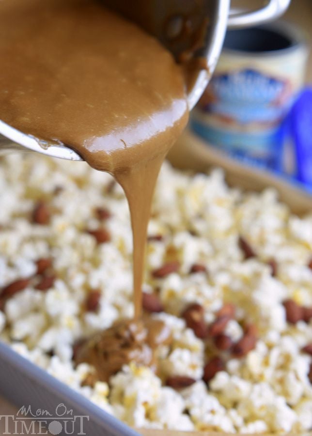 Welcome to your new favorite snack - Salted Caramel Popcorn with Almonds! Perfect for parties, road trips, family movie night and more! | MomOnTimeout.com