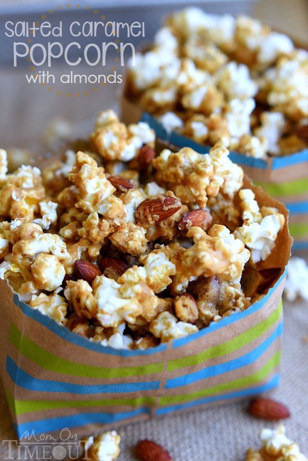 Welcome to your new favorite snack - Salted Caramel Popcorn with Almonds! Perfect for parties, road trips, family movie night and more! | MomOnTimeout.com