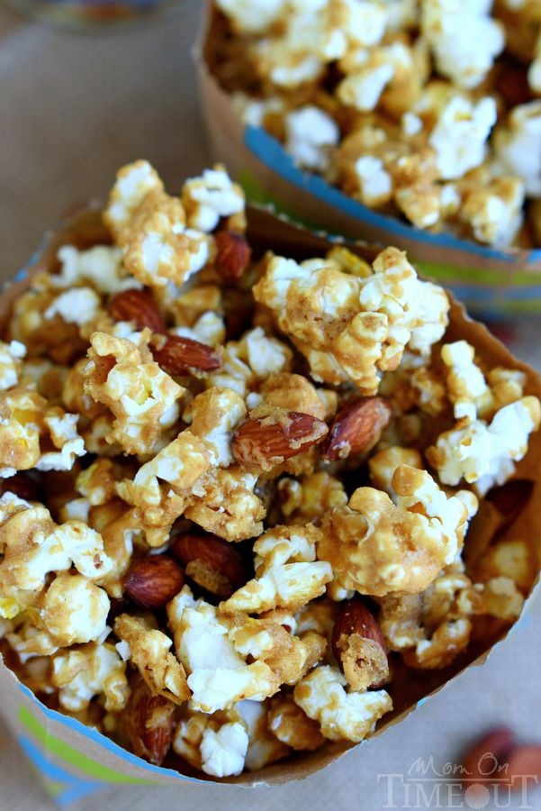 Welcome to your new favorite snack - Salted Caramel Popcorn with Almonds! Perfect for parties, road trips, family movie night and more! | MomOnTimeout.com