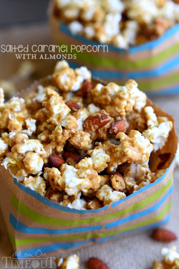 Welcome to your new favorite snack - Salted Caramel Popcorn with Almonds! Perfect for parties, road trips, family movie night and more! | MomOnTimeout.com