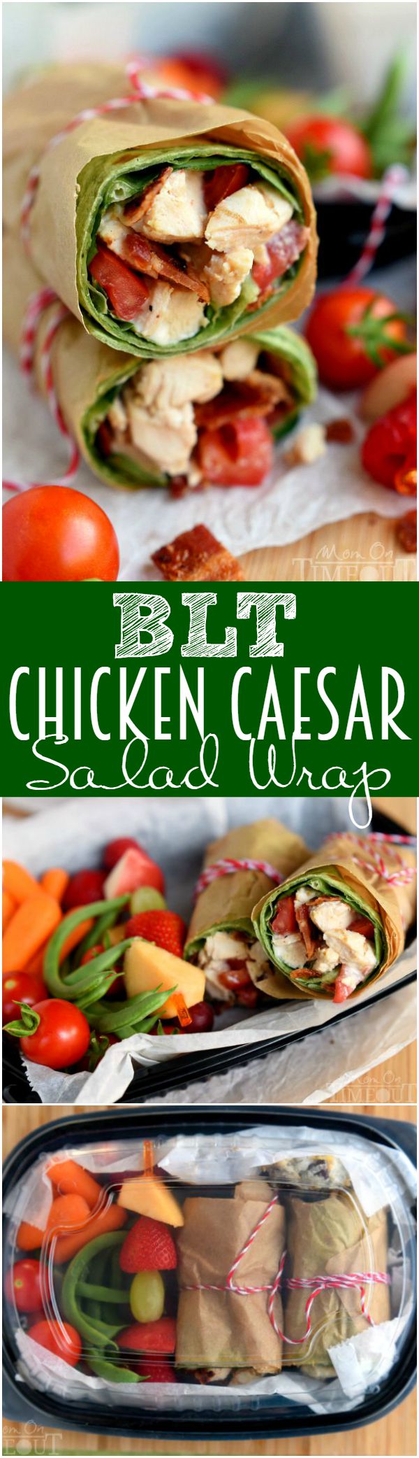 This BLT Chicken Caesar Salad Wrap has all the makings to become your new go-to recipe! Chicken, bacon, Caesar dressing, and tomato are wrapped up in an easy-to-make meal that is perfect for a light dinner or lunch. | MomOnTimeout.com | #recipe #ad