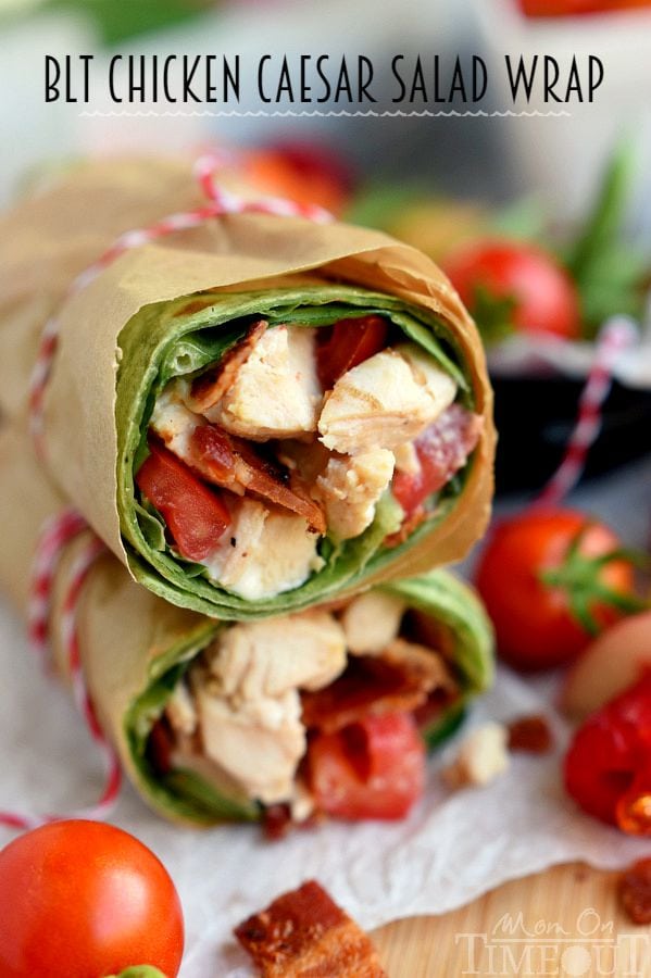 This BLT Chicken Caesar Salad Wrap has all the makings to become your new go-to recipe! Chicken, bacon, Caesar dressing, and tomato are wrapped up in an easy-to-make meal that is perfect for a light dinner or lunch. | MomOnTimeout.com | #recipe #ad