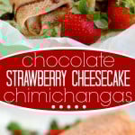 two image collage showing dessert chimichangas made with chocolate and strawberries on a green glass cake stand topped with chocolate drizzle. center color block with text overlay.