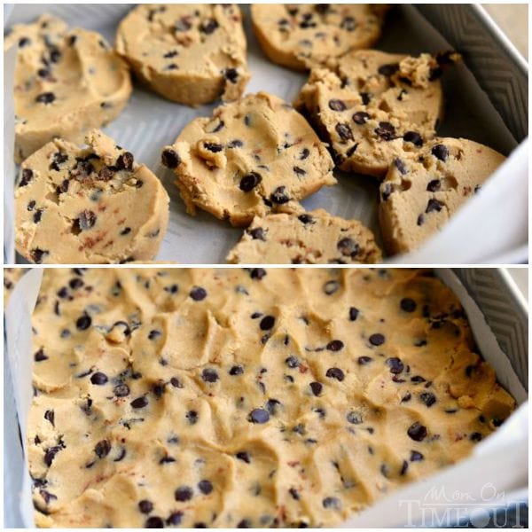 chocolate chip cookie dough pressed into baking dish