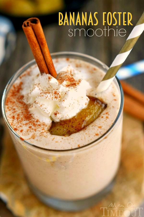 You'll want to wake up to this Bananas Foster Smoothie! Yummy banana and caramel flavors in a protein-packed smoothie - delicious! A sweet and easy breakfast recipe. | MomOnTimeout.com