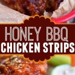 two image collage of honey bbq chicken strips in red basket and one with a bite taken. center color block with text overlay.