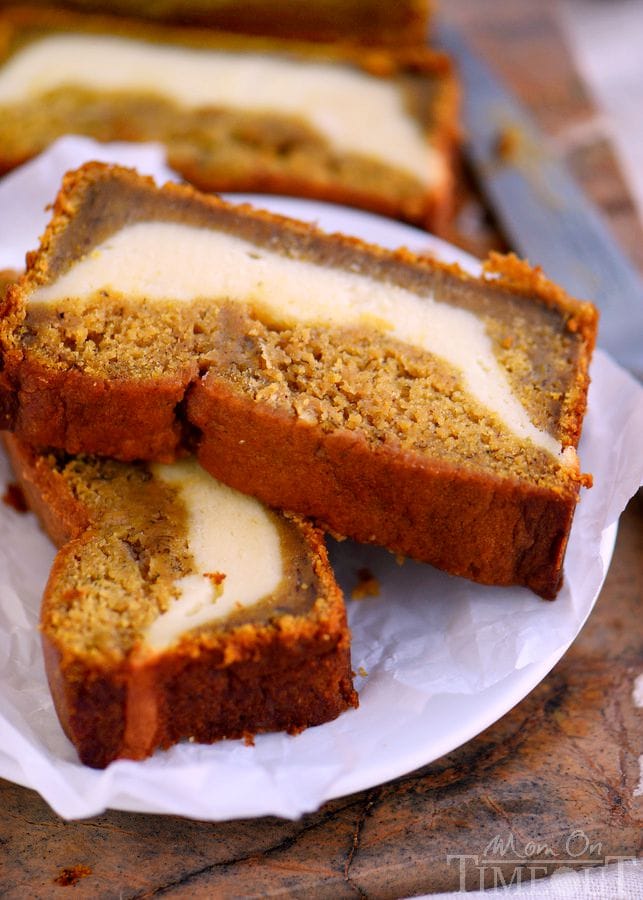 This Pumpkin Cheesecake Banana Bread is perfect for dessert but also doubles as an amazing breakfast...or snack...or lunch. It's pretty amazing no matter what time you eat it! Ultra moist and bursting with pumpkin flavor!