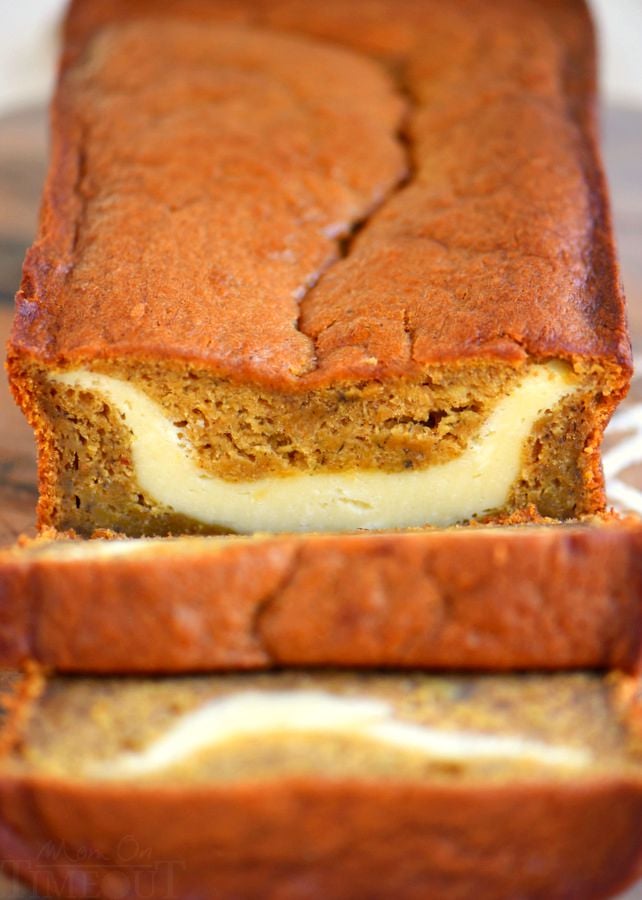 This Pumpkin Cheesecake Banana Bread is perfect for dessert but also doubles as an amazing breakfast...or snack...or lunch. It's pretty amazing no matter what time you eat it! Ultra moist and bursting with pumpkin flavor!