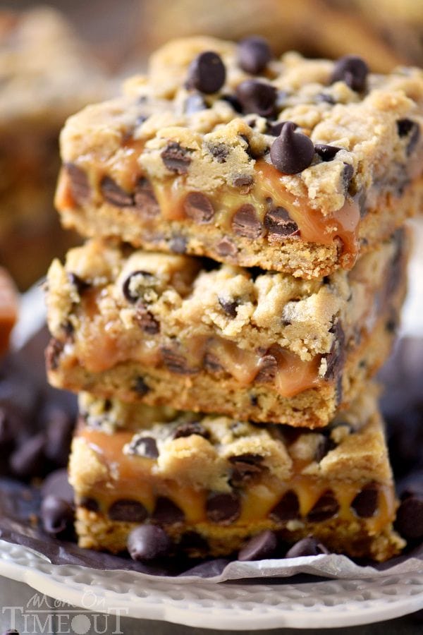 carmelitas stacked on a plate with oozing caramel