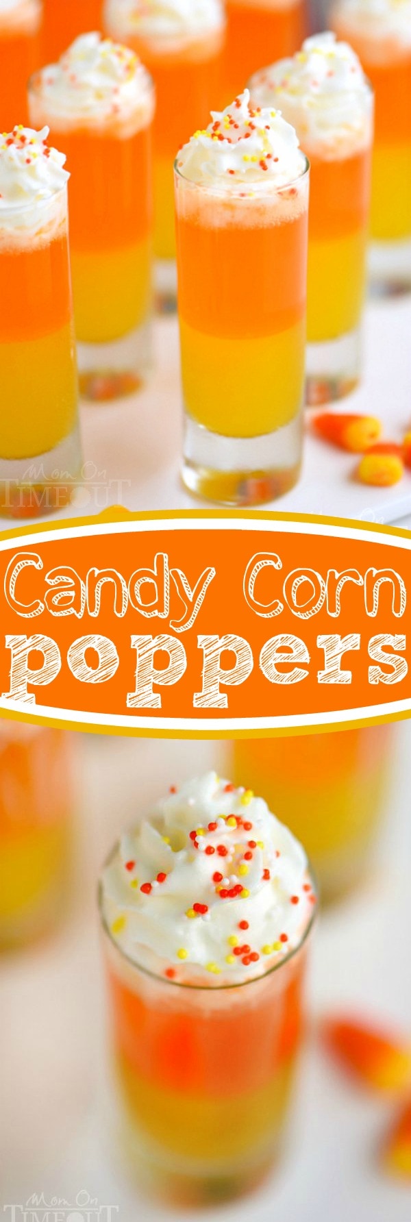 These Candy Corn Poppers are the perfect sweet drink for kids of all ages! Super easy to make and so fun too! This layered drink is impressive and EASY! // Mom On Timeout