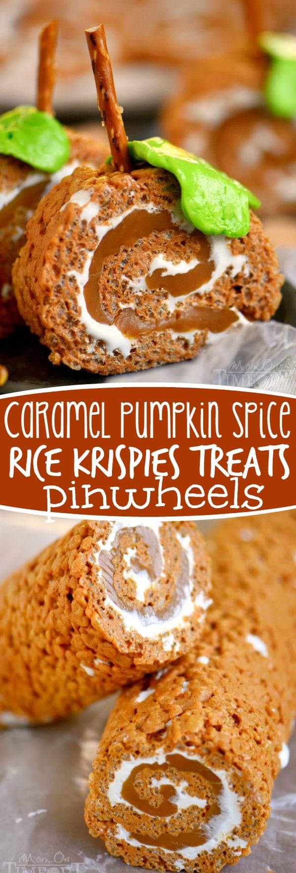 Caramel Pumpkin Spice Rice Krispies Treats Pinwheels - my new favorite fall treat! Amazing flavors, totally fun - what's not to love?
