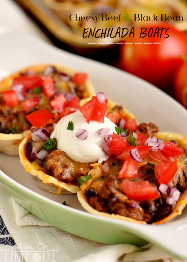 These Cheesy Beef and Black Bean Enchilada Boats are the perfect quick dinner on busy weeknights! Packed full of flavor and so fun to eat!