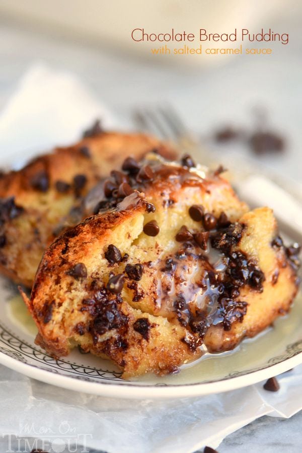 Decadence meets comfort in this easy Chocolate Bread Pudding with Salted Caramel Sauce recipe! This sauce is to die for!