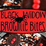 two image collage showing black widow brownies decorated with candy eyes and licorice legs. center color block with text overlay.