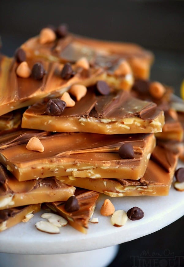 toffee stacked high on cake plate