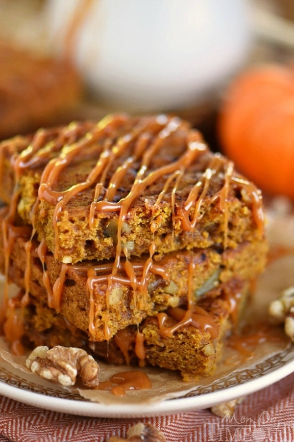 This easy, one bowl Caramel Pumpkin Blondies recipe is the perfect way to satisfy those deep pumpkin cravings! This fantastic recipe feeds a crowd and will make an impressive dessert on your holiday table!