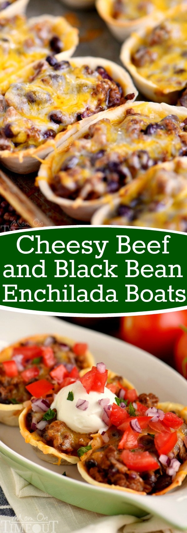 These Cheesy Beef and Black Bean Enchilada Boats are the perfect quick dinner on busy weeknights! Packed full of flavor and so fun to eat!