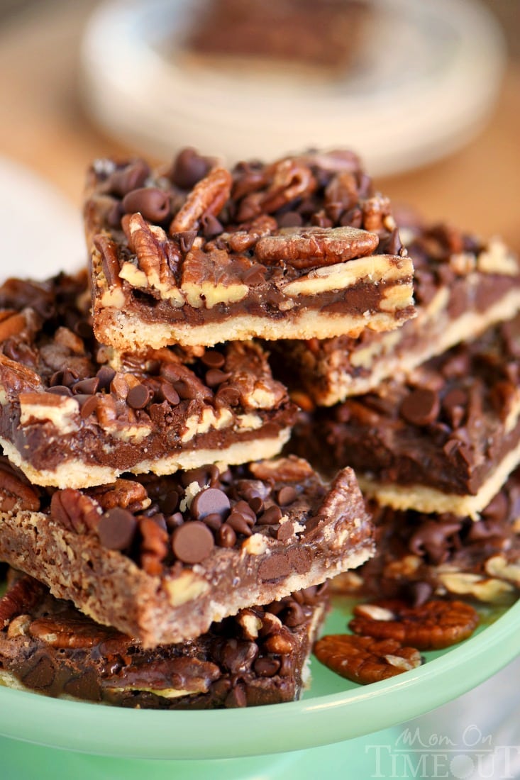 chocolate pecan pie bars stacked up