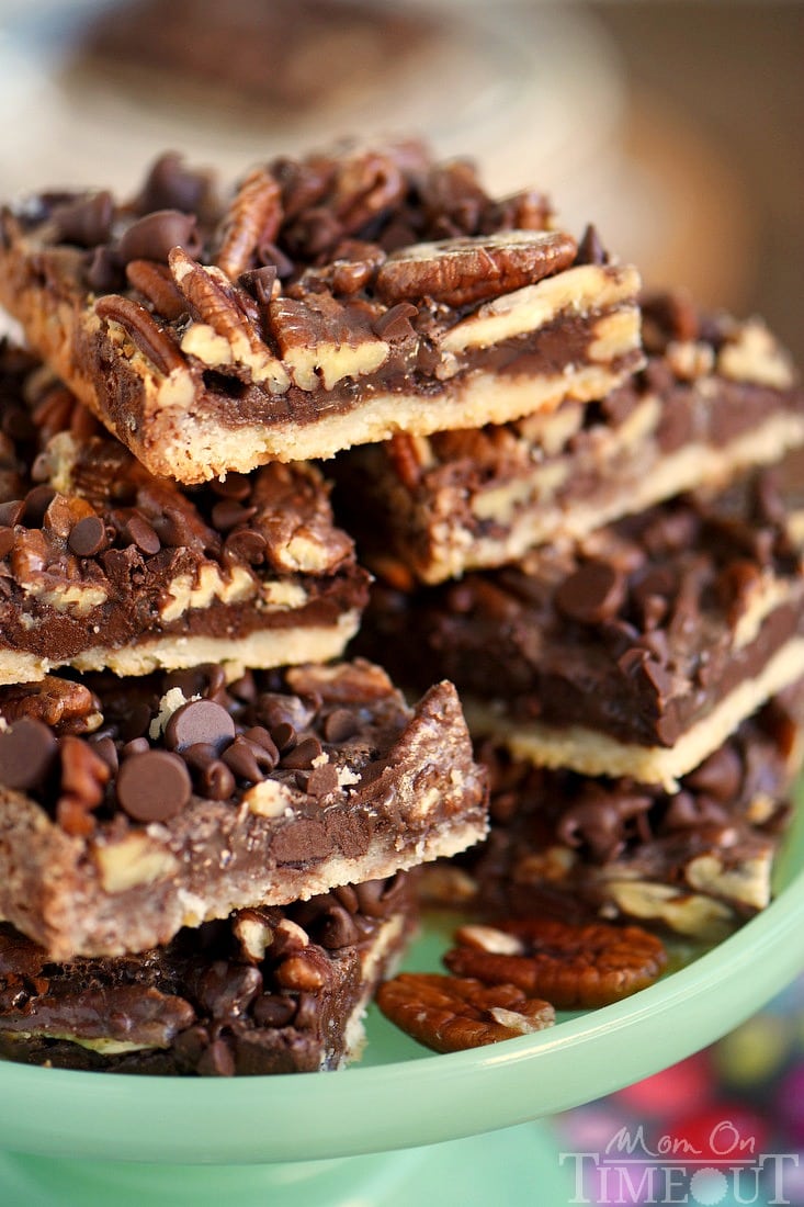 close up of chocolate pecan pie bars