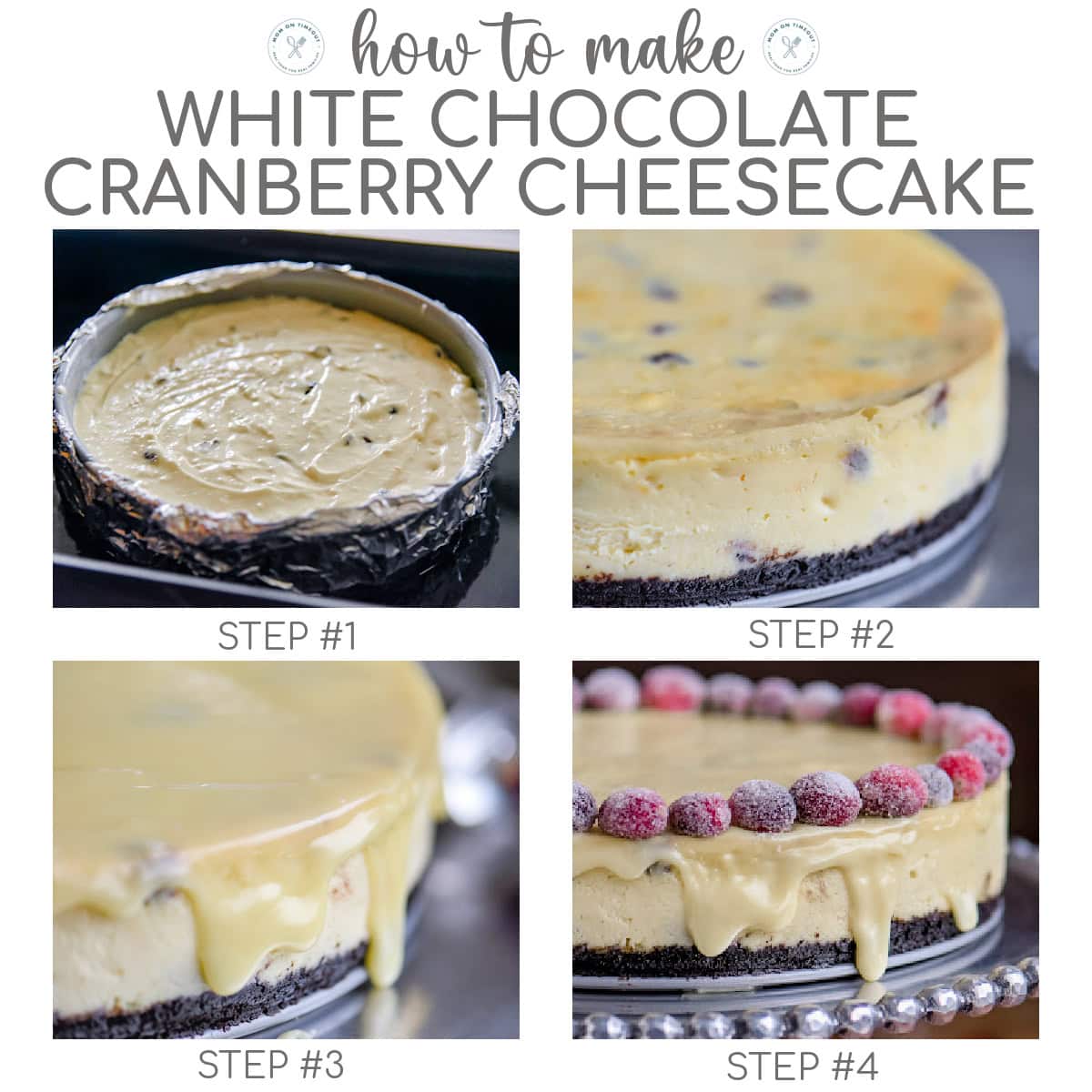 Four image collage showing how to make white chocolate cheesecake.