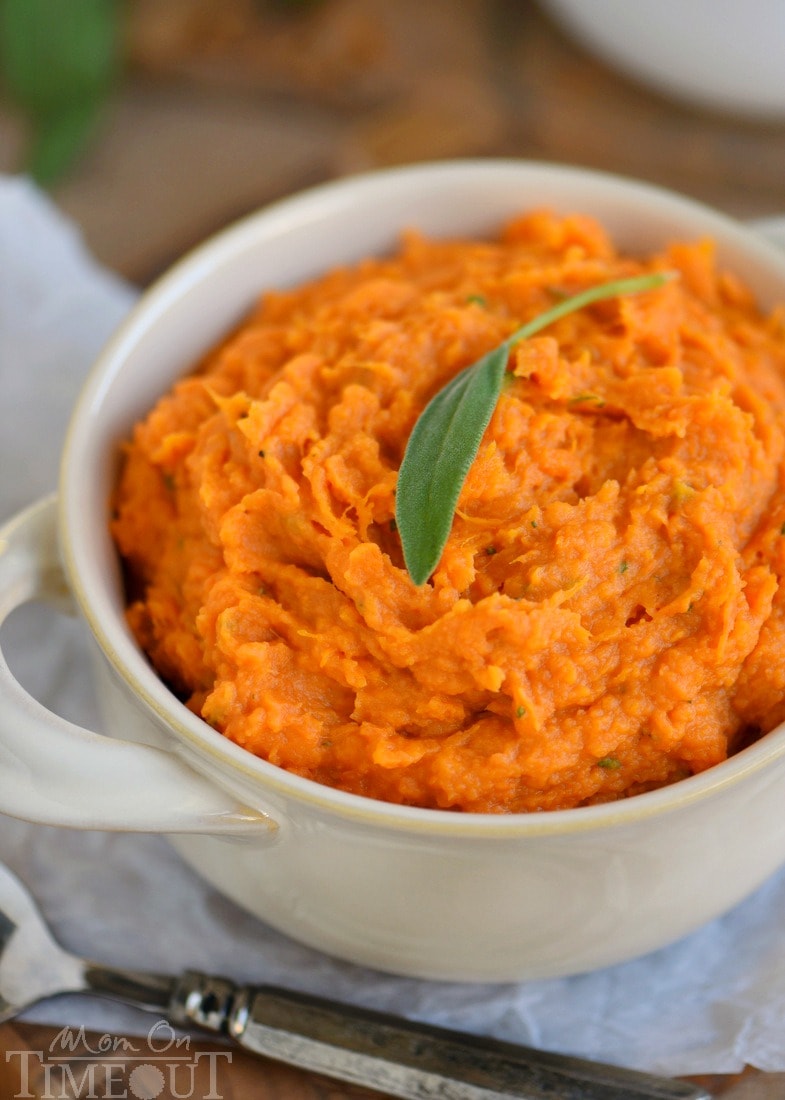 Maple Sage Smashed Yams with Marshmallow Butter - the side dish everyone will be yammering about for days (pun intended)! This easy side dish is packed full of flavor, takes less than 30 minutes to prepare, doesn't require the oven, and can be made ahead of time! You're welcome :) // Mom On Timeout #sidedish #side #yams #Thanksgiving #holidays #christmas #momontimeout #recipe #recipes #easy easy-yam-recipe