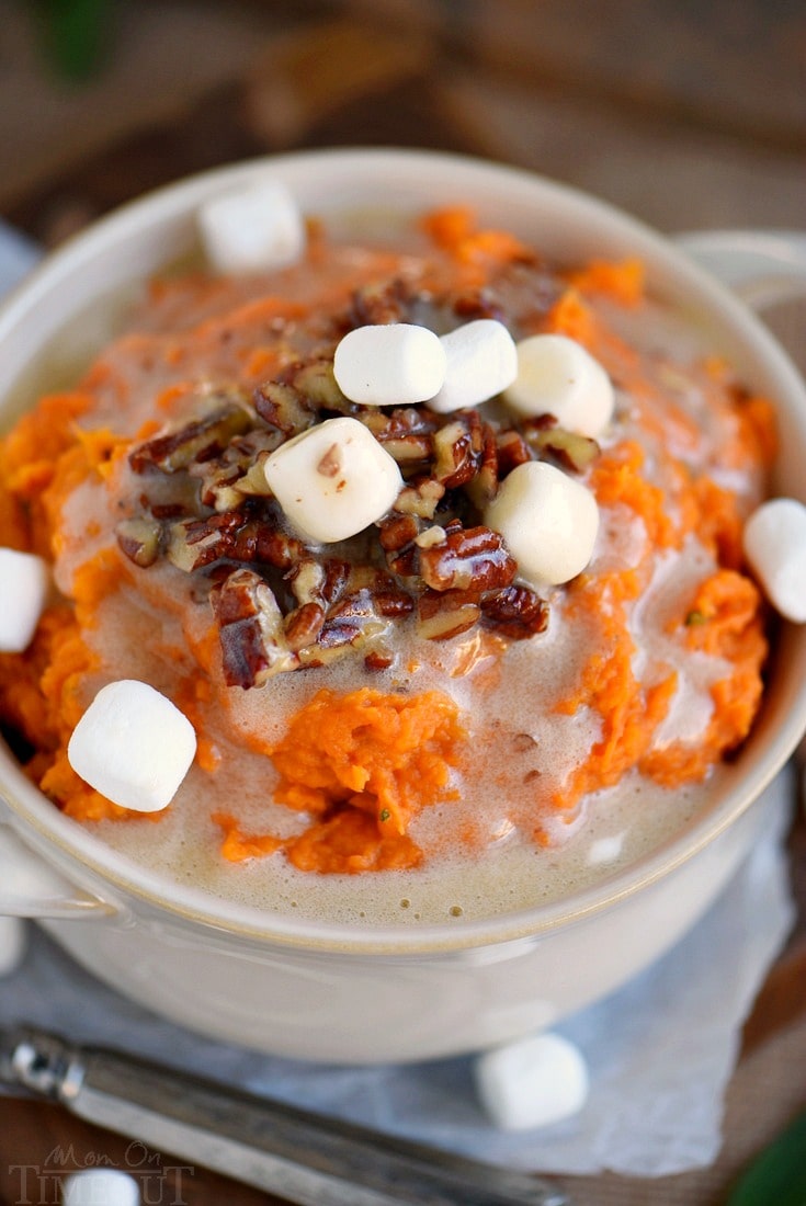 Maple Sage Smashed Yams with Marshmallow Butter - the side dish everyone will be yammering about for days (pun intended)! This easy side dish is packed full of flavor, takes less than 30 minutes to prepare, doesn't require the oven, and can be made ahead of time! You're welcome :) // Mom On Timeout #sidedish #side #yams #Thanksgiving #holidays #christmas #momontimeout #recipe #recipes #easy yam-side-dish-with-marshmallows