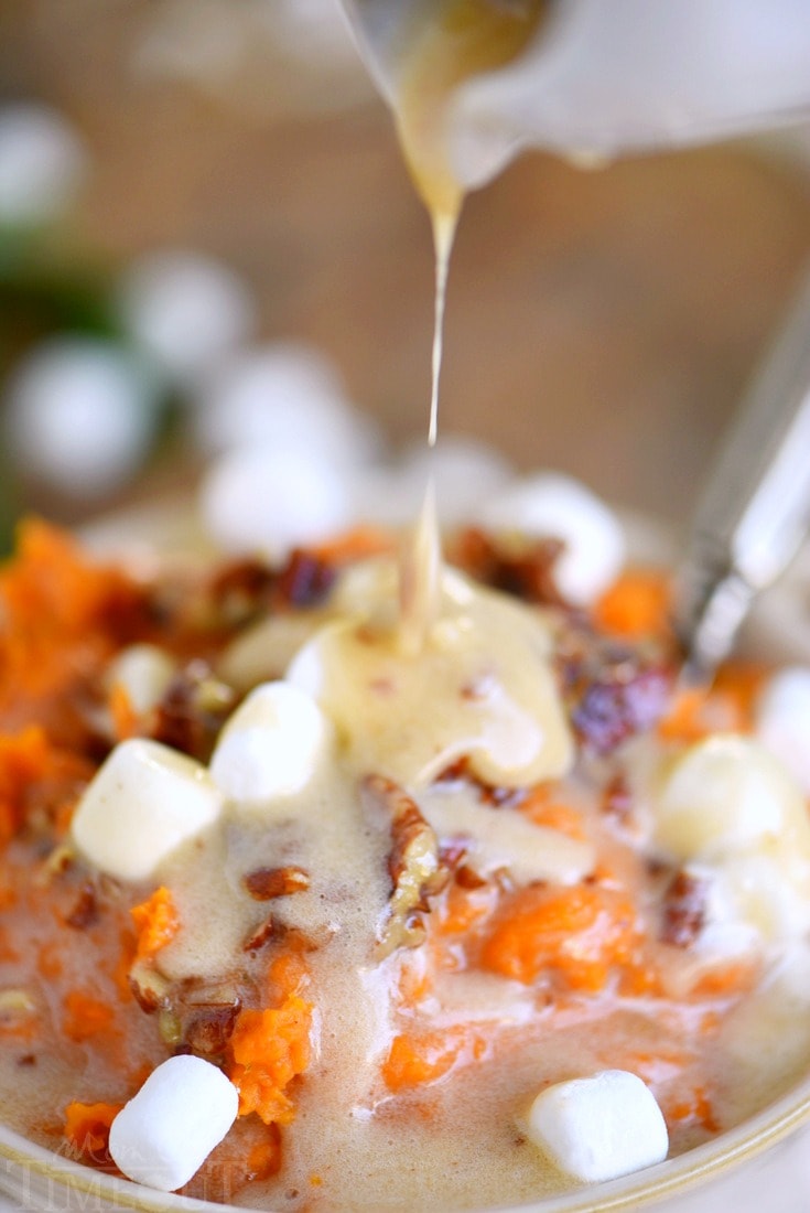 Maple Sage Smashed Yams with Marshmallow Butter - the side dish everyone will be yammering about for days (pun intended)! This easy side dish is packed full of flavor, takes less than 30 minutes to prepare, doesn't require the oven, and can be made ahead of time! You're welcome :) // Mom On Timeout #sidedish #side #yams #Thanksgiving #holidays #christmas #momontimeout #recipe #recipes #easy how-to-cook-yams