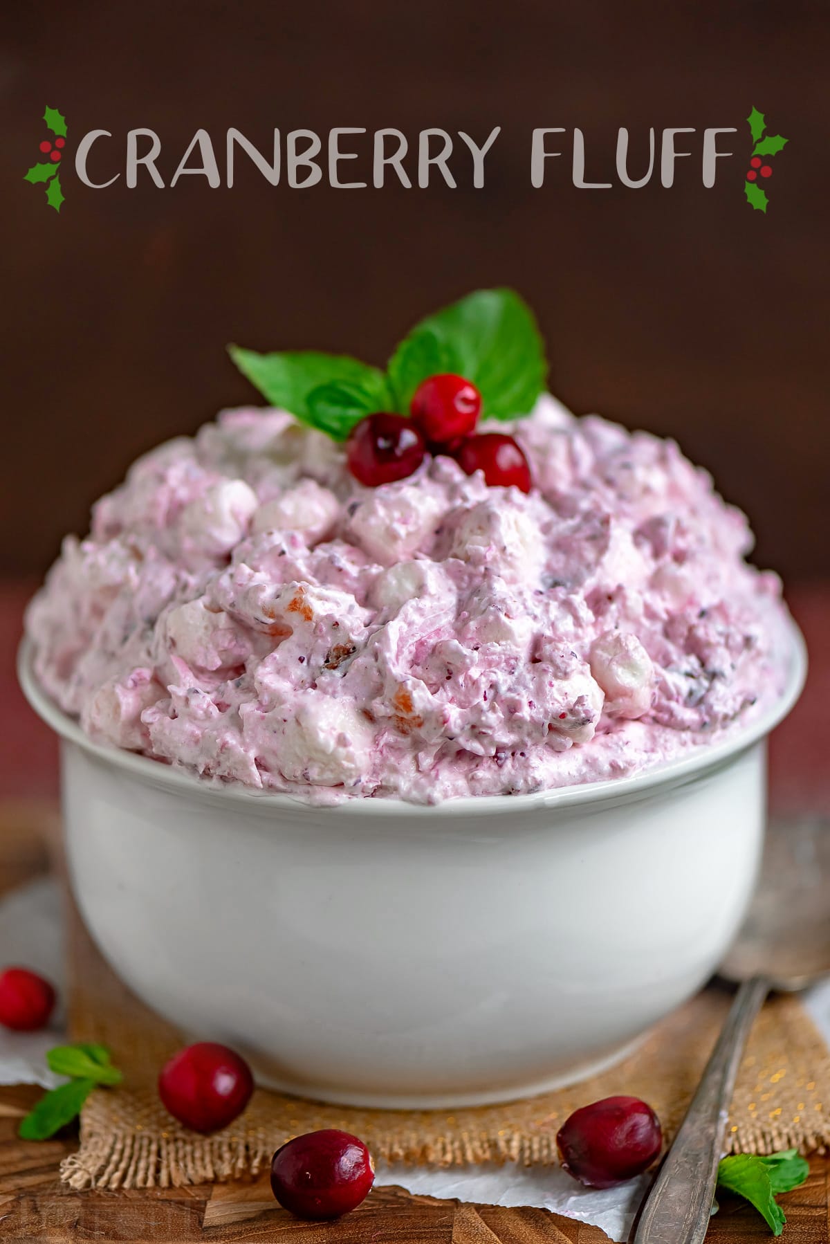 cranberry fluff in a large white bowl topped with fresh cranberries and mint with title overlay at top of image