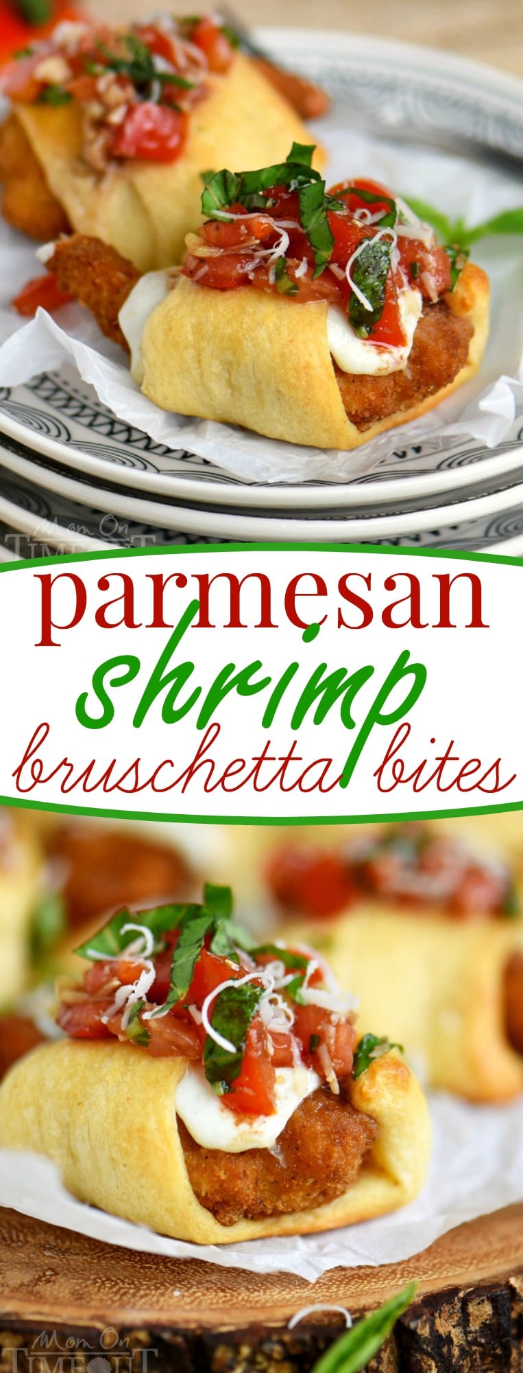 These Parmesan Shrimp Bruschetta Bites are a delightfully easy appetizer that everyone will enjoy! Made with fresh mozzarella, crescent rolls and finished with a bruschetta topping. Great for holiday parties, football, and more!