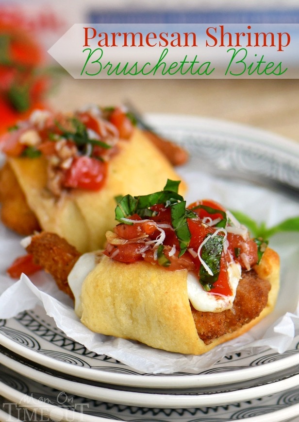 These Parmesan Shrimp Bruschetta Bites are a delightfully easy appetizer that everyone will enjoy! Made with fresh mozzarella, crescent rolls and finished with a bruschetta topping. Great for holiday parties, football, and more!
