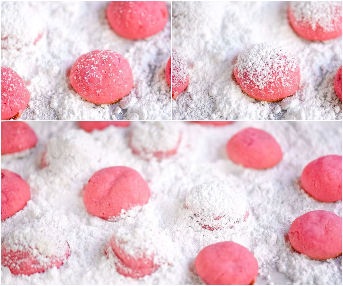 snowball cookies in a three image collage showing how to roll in powdered sugar