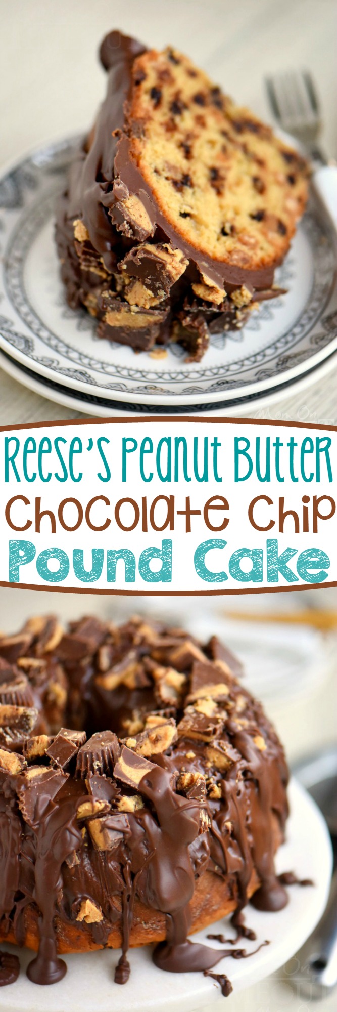 My new favorite cake! This amazingly easy and outrageously decadent Reese's Peanut Butter Chocolate Chip Pound Cake is a dream come true! So moist and delicious and topped with an incredible peanut butter chocolate glaze - no one will be able to resist!