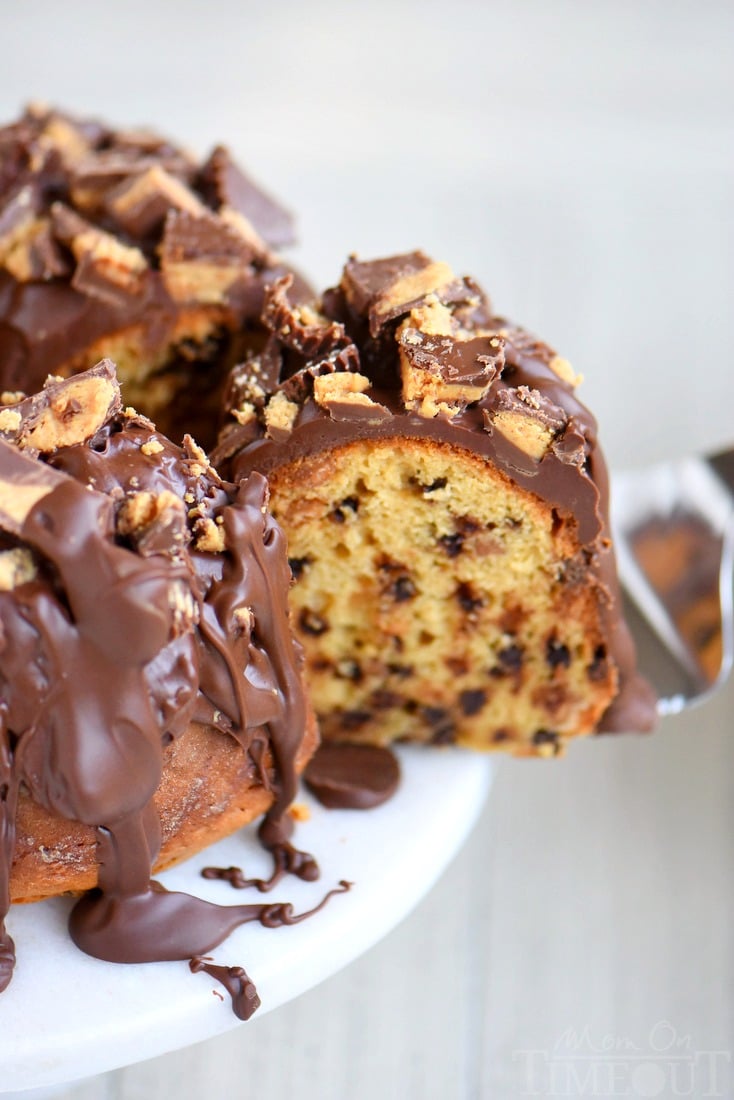 My new favorite cake! This amazingly easy and outrageously decadent Reese's Peanut Butter Chocolate Chip Pound Cake is a dream come true! So moist and delicious and topped with an incredible peanut butter chocolate glaze - no one will be able to resist!