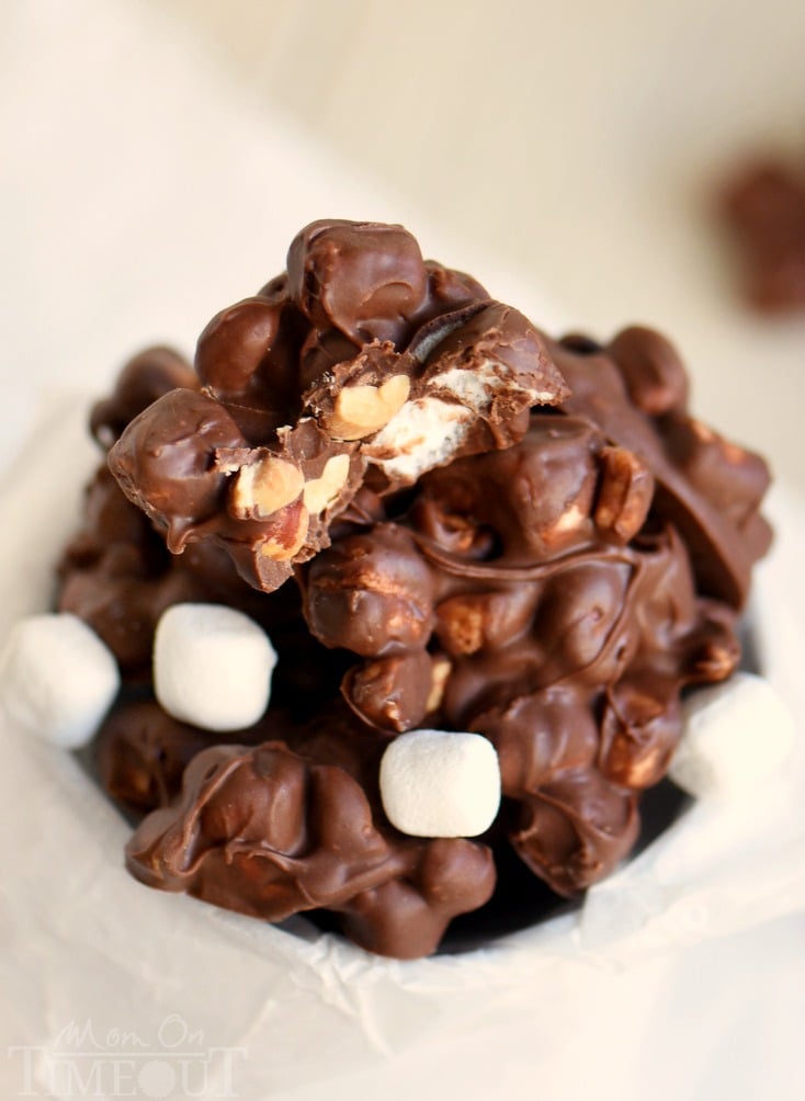 Rocky Road Peanut Clusters are made in the microwave and use only FIVE ingredients. A simple, delicious, easy candy recipe that everyone will enjoy!