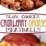 two image collage showing meatballs in slow cooker and a shot of all the ingredients. center color block with text overlay.
