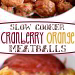 two image collage showing meatballs in slow cooker and a shot of all the ingredients. center color block with text overlay.