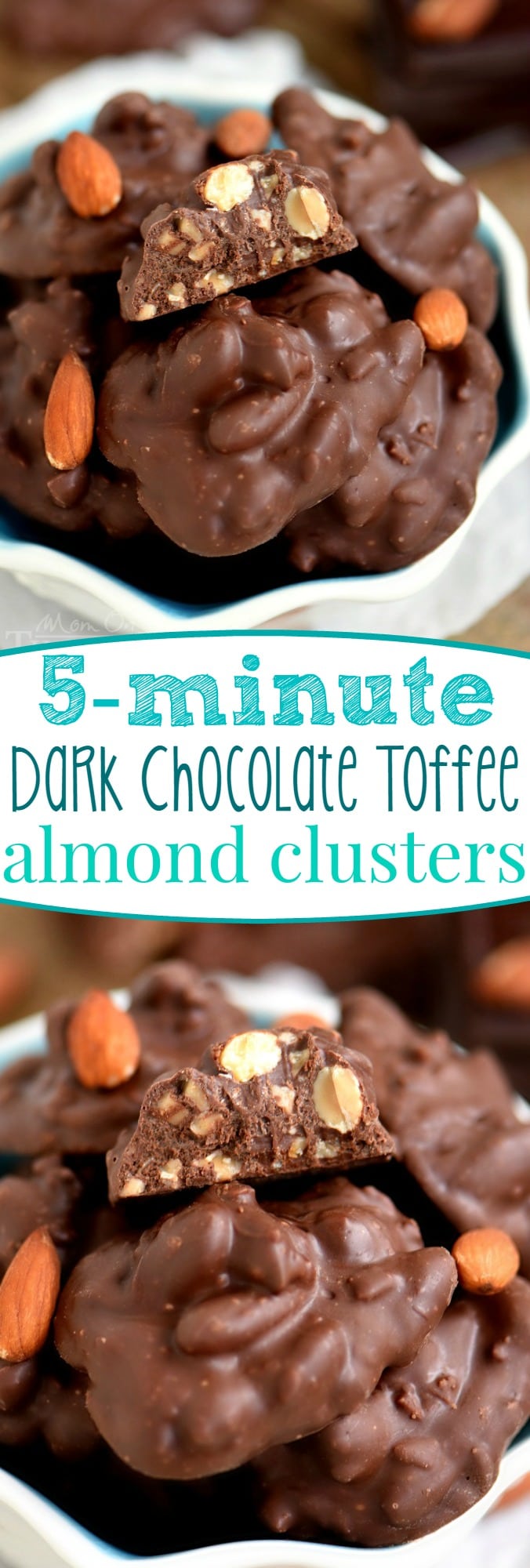 Just 5 minutes and 5 ingredients is all you'll need for these easy and delicious Dark Chocolate Toffee Almond Clusters! Heart healthy almonds and sweet toffee bits are coated with antioxidant rich dark chocolate resulting in an incredibly satisfying better-for-you sweet treat that everyone will enjoy!