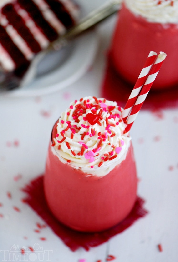 This Skinny Red Velvet Shake is the perfect treat for Valentine's Day or whenever you need a little something special. Topped with a decadent cream cheese whipped cream, this skinny shake is hard to resist! Great for breakfast or dessert!