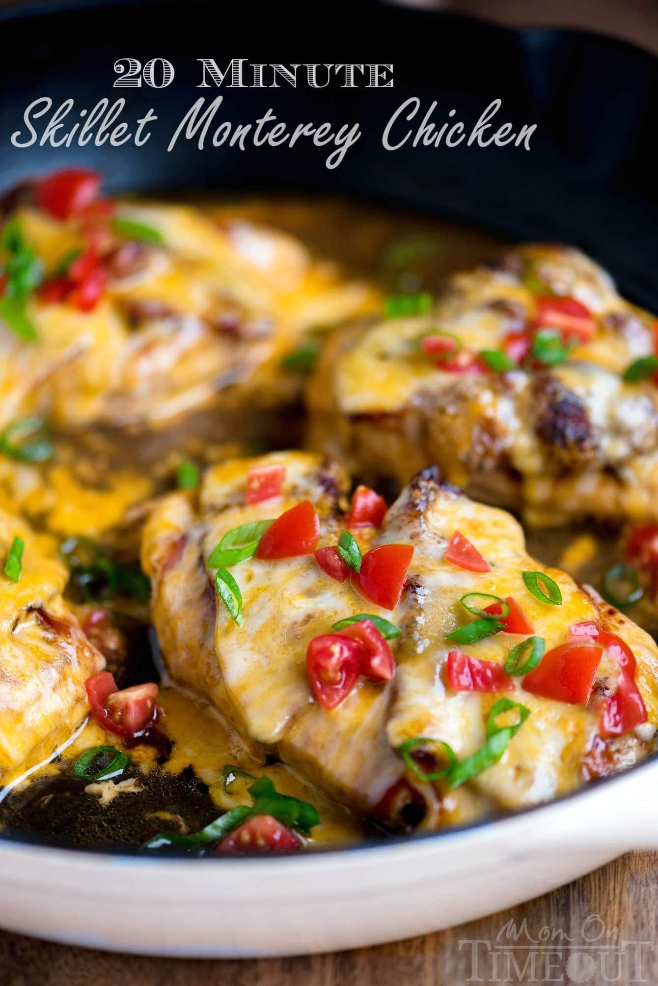 Got 20 minutes? This easy Skillet Monterey Chicken is just what you want to make for dinner tonight...trust me! Chicken, barbecue sauce, bacon, and glorious cheese come together in this delightful yet simple dish. Sure to become a regular request at your home! // Mom On Timeout #montereychicken #chickendinner #skilletdinner #easyrecipe #chicken #bacon #cheese #skillet #recipe monterey chicken recipe in skillet with bacon and cheese