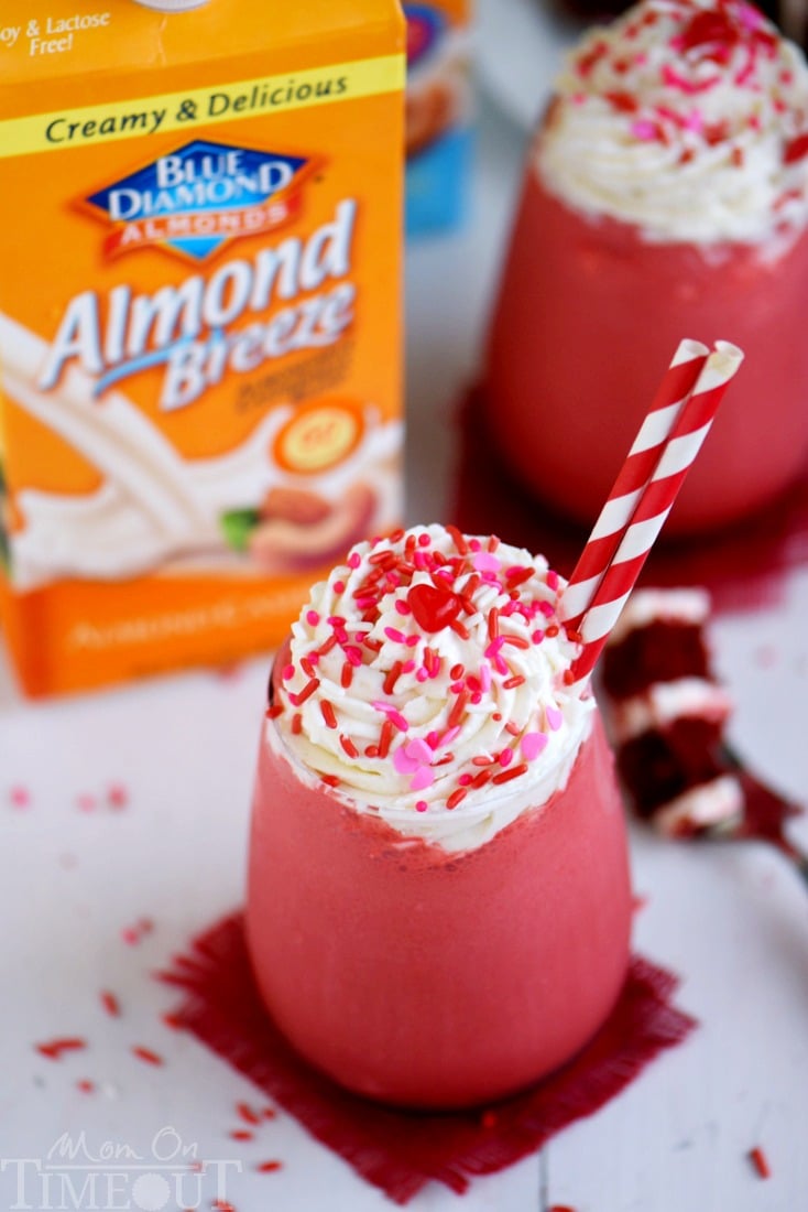 This Skinny Red Velvet Shake is the perfect treat for Valentine's Day or whenever you need a little something special. Topped with a decadent cream cheese whipped cream, this skinny shake is hard to resist! Great for breakfast or dessert!